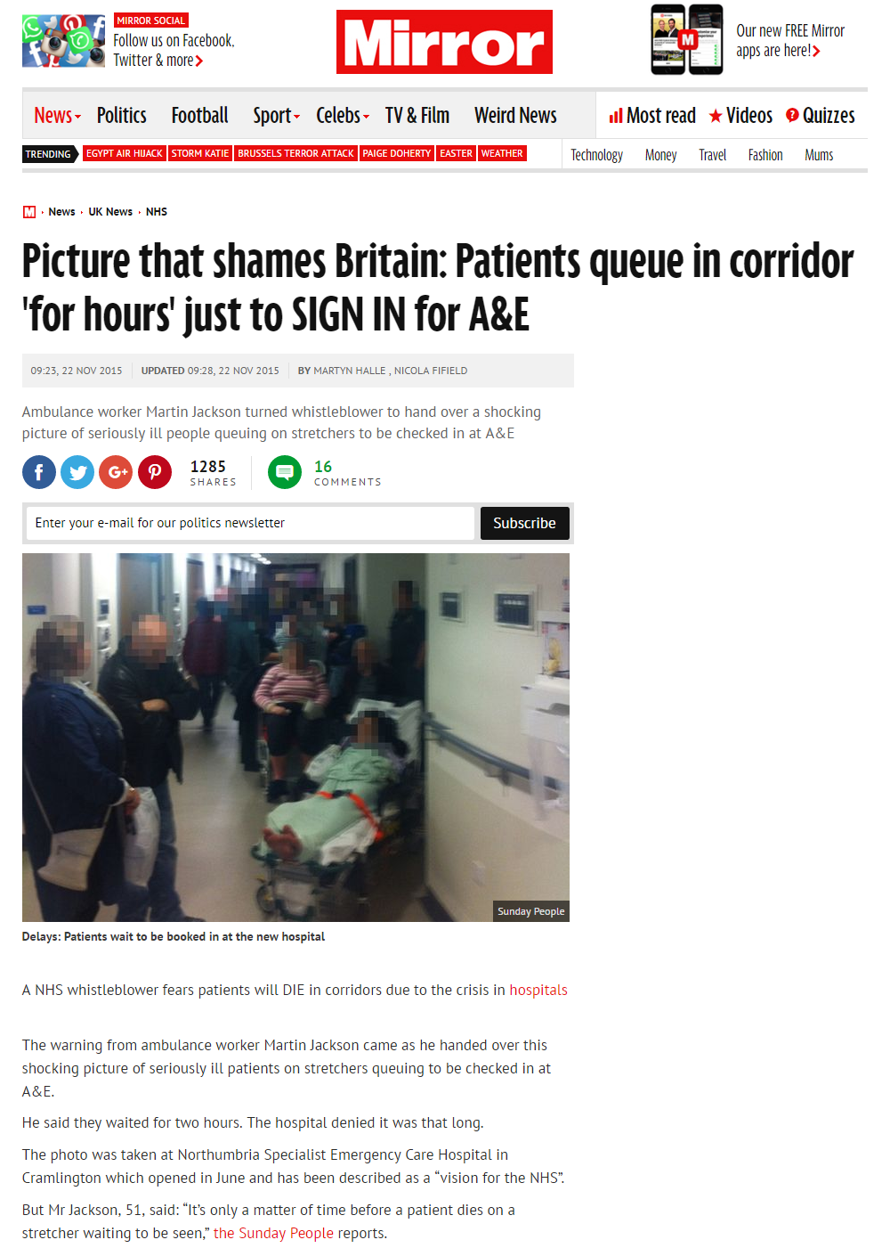 2015 11 22 - Daily Mirror - Picture that shames Britain - Northumbria Specialist Emergency Care Hospital Excerpt